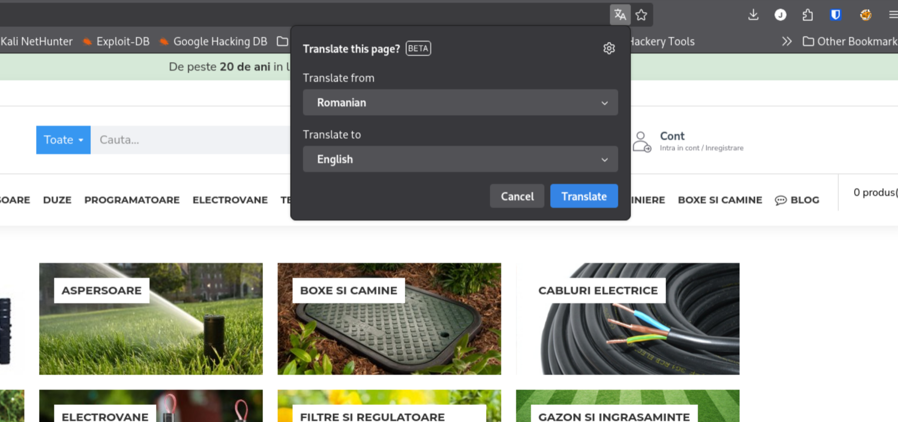 Firefox translation of Irigatii.ro showing Romanian text in English